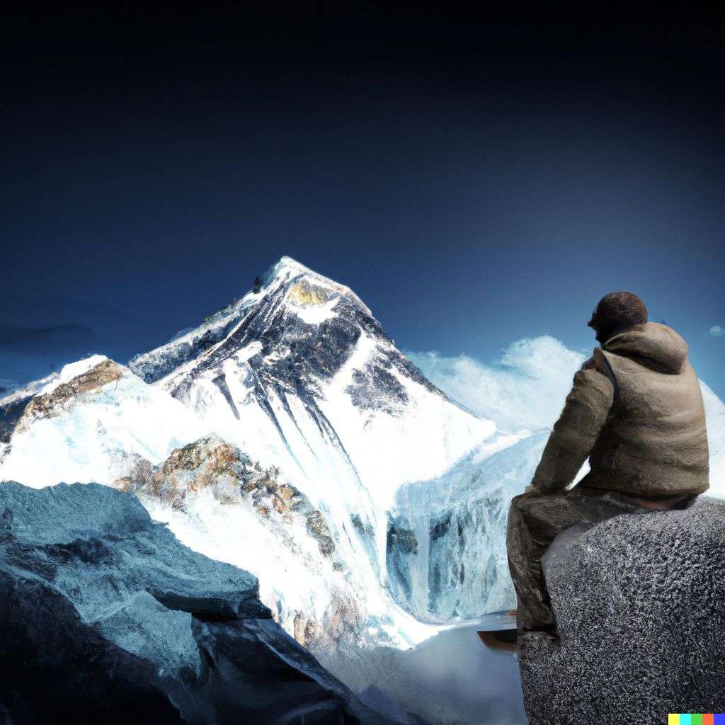 someone gazing at Mount Everest, mixed media